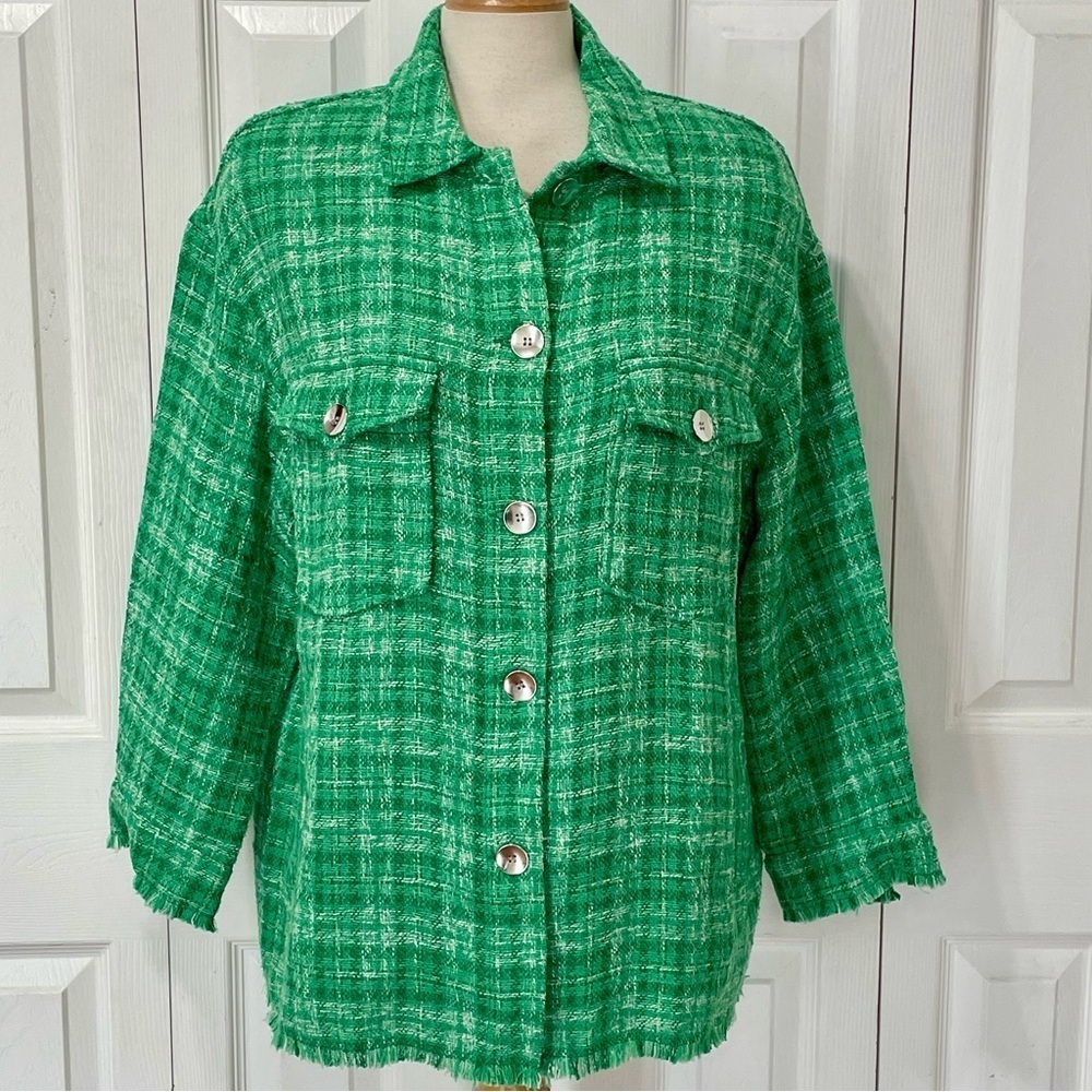 Zara Green Tweed Button-Up oversized Western Jacket size Large